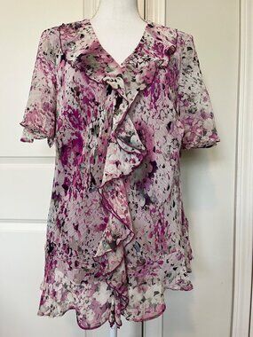 KSL Division of Karin Stevens Womens Ruffled Floral Blouse Size 22W Watercolor